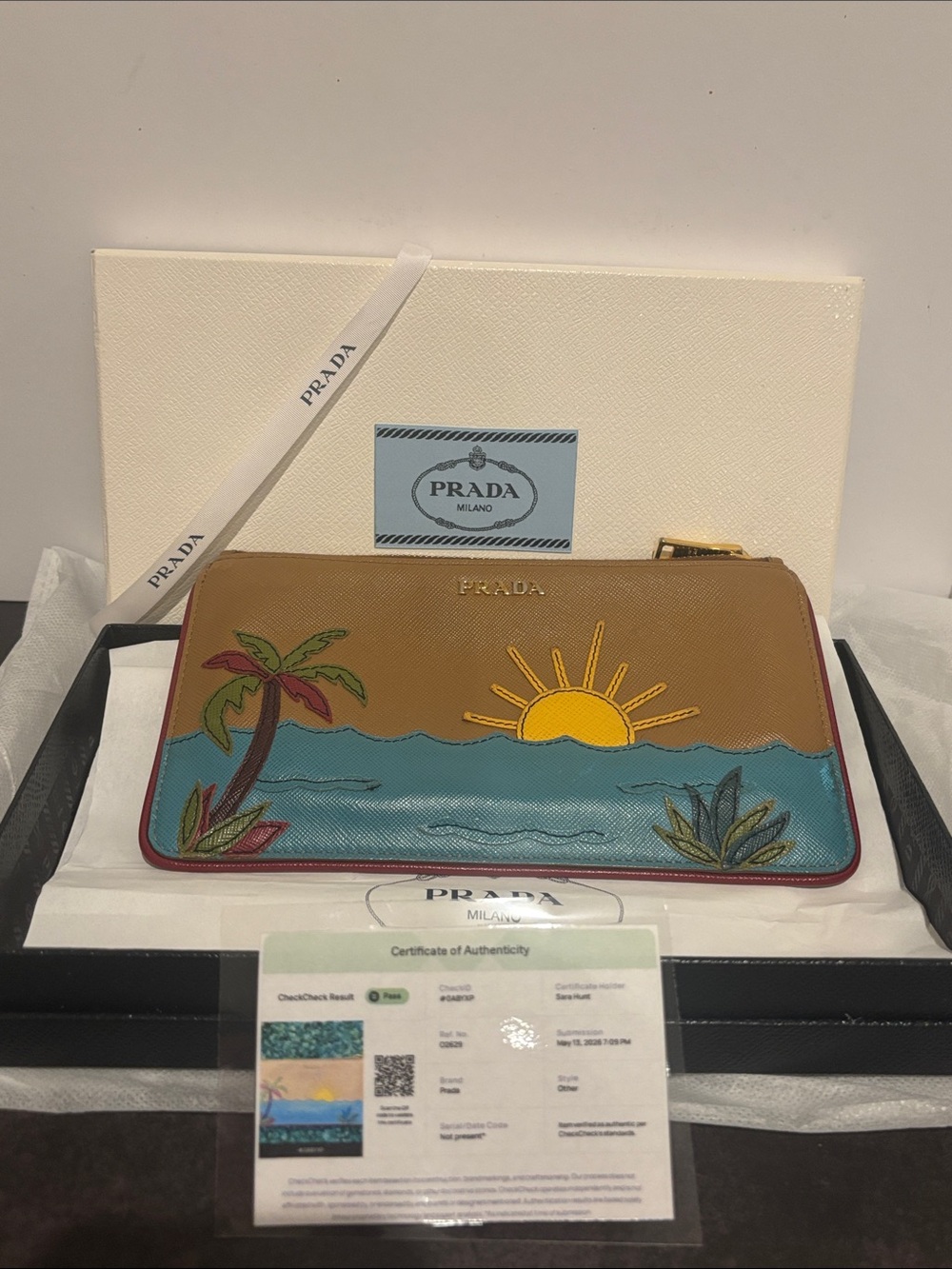Authentic PRADA Saffiano Leather Tropical Sunset Beach Wallet w Box/COA